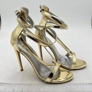 FSJ Women Sexy Strappy Sandals for Women Open Toe Metallic High Heels Pumps Wedd